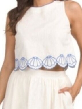 Calypso St. Barth White Crop Top with Blue Scallop Embroidery NWT